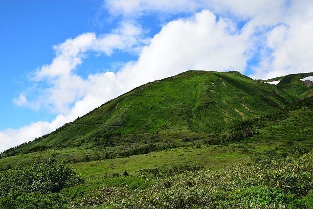 南竜庭園から眺めた南竜ヶ馬場の高層台地と白山室堂へのエコーラインが通る斜面