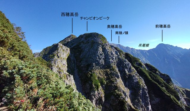 西穂7峰の手前から眺めた北方向の山並み