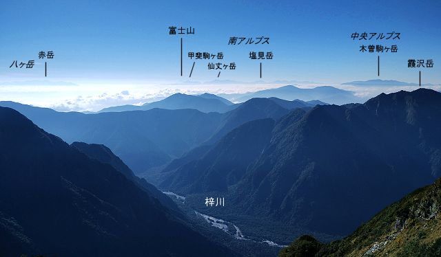 西穂6峰から眺めた南東方向の山並み