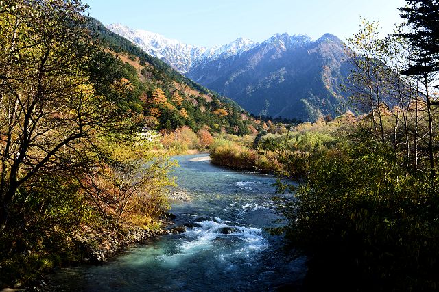 梓川の流れと穂高橋から眺めた穂高連峰