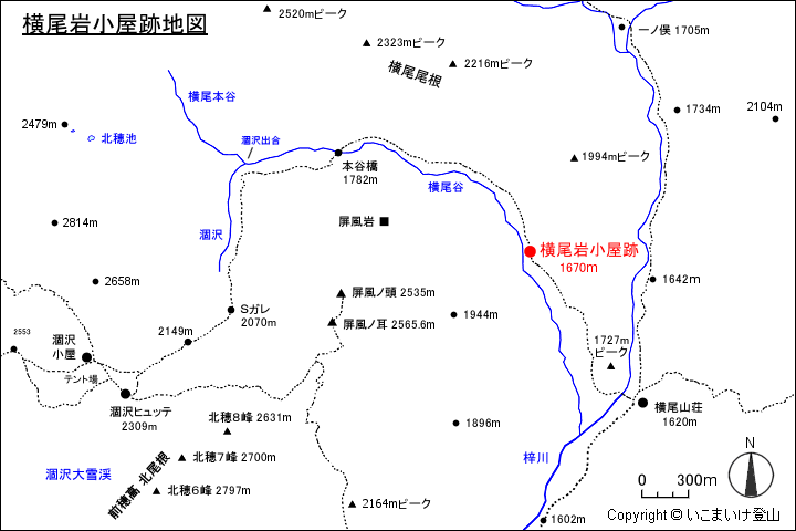 横尾岩小屋跡地図