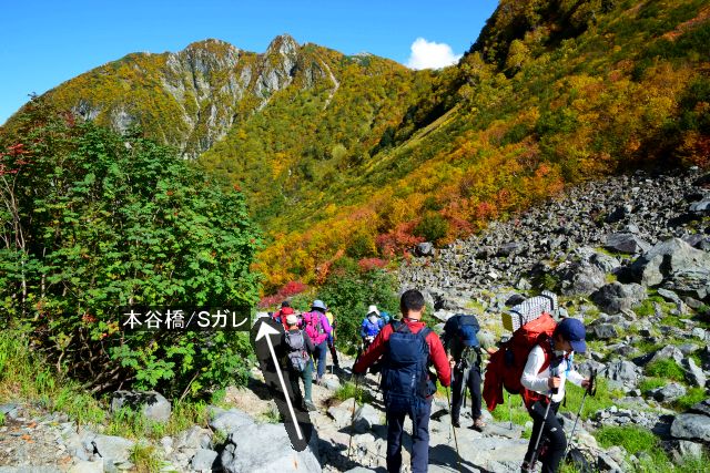 涸沢小屋への分岐地点から本谷橋方向への登山道