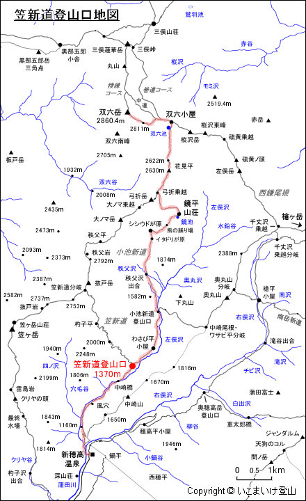 笠新道登山口地図