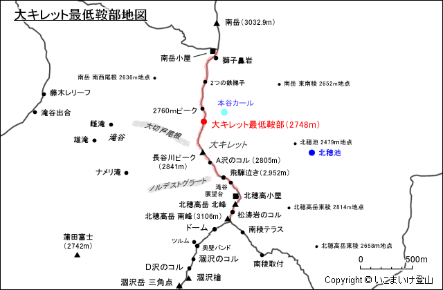 大キレット最低鞍部地図