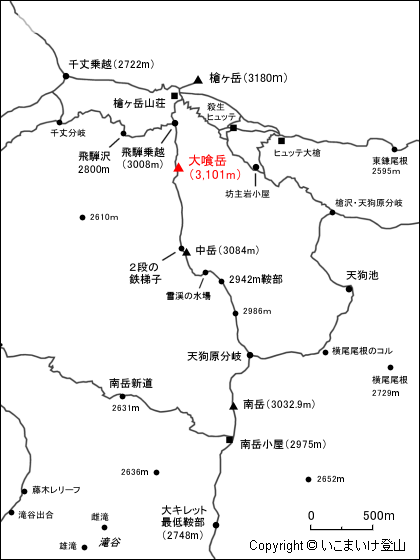 槍ヶ岳から南岳縦走路における大喰岳地図