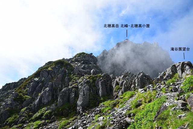 北穂高岳 北峰と北穂高小屋および滝谷展望台