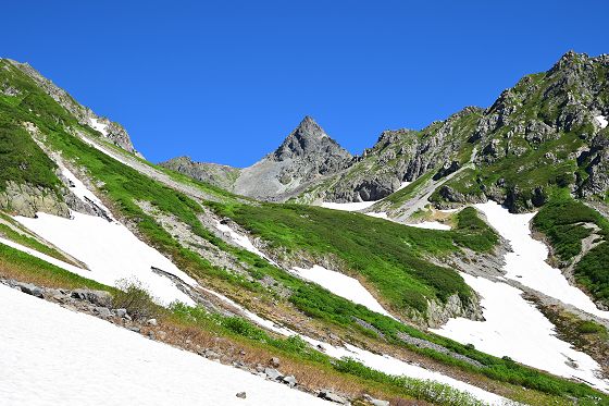 槍沢・天狗原分岐から天狗池への登山道から眺めた槍ヶ岳