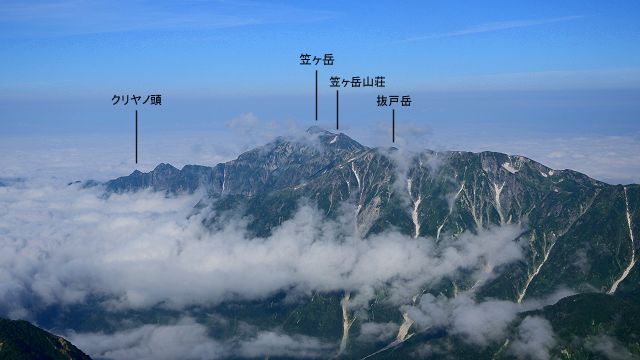 槍ヶ岳山頂から見た笠ヶ岳