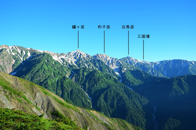 八方池山荘近くの登山道から眺めた白馬三山