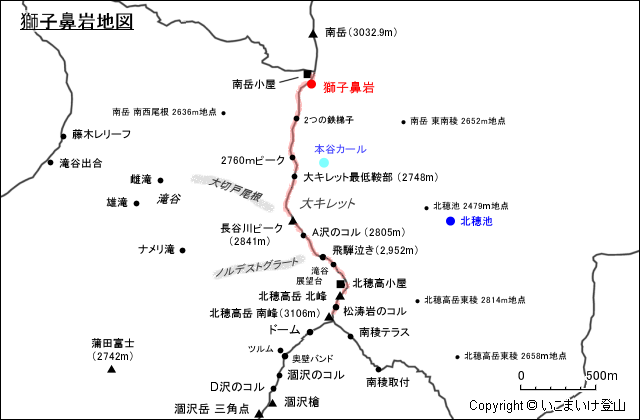 大キレット、獅子鼻岩地図