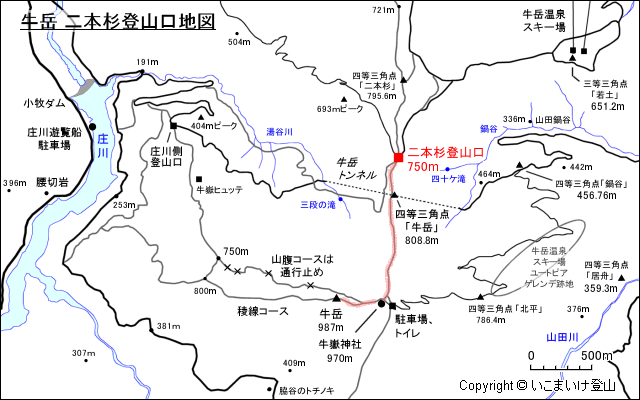 牛岳 二本杉登山口地図